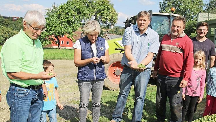 Die frisch angelieferten Maishäcksel begutachten (von links) BBV-Kreisgeschäftsführer Hans-Jürgen Rebelein, Kreisbäuerin Heidi Bauersachs, Kreisobmann Martin Flohrschütz sowie sein Stellvertreter Wolfgang Schultheiß mit Sohn Sebastian und Enkelinnen. Foto: Bettina Knauth