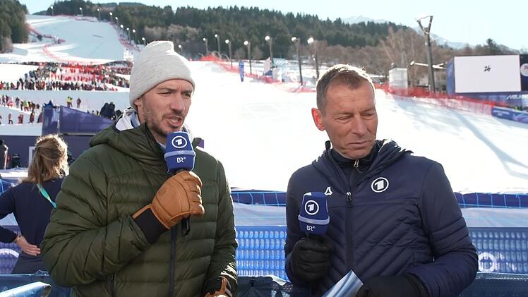 Kritische Blicke vor der Olympia-Abfahrt der M&auml;nner: Experte Felix Neureuther (links) und Moderator Markus Othmer konnten sp&auml;ter aufatmen: Es gab keine schweren St&uuml;rze.