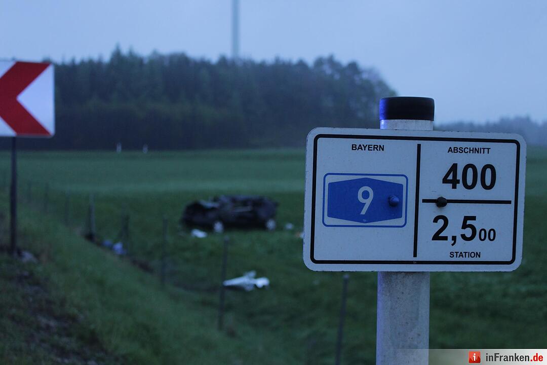 Starkregen sorgt für Abflug: Nissan schießt von Autobahn und landet drei Meter tiefer im Graben - Wagen überschlägt sich auf einer Strecke von 120 Metern mehrfach – Nissan bleibt völlig deformiert auf Wiese liegen – Fahrer eingeklemmt und schwerst verletzt – Polizei sucht nach Unfallzeugen