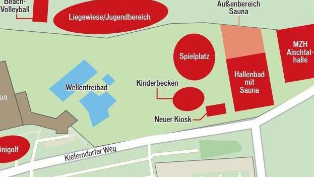 So k&ouml;nnte das Areal rund ums H&ouml;chstadter Freibad in der Zukunft einmal aussehen. Grafik: Klaus Heim