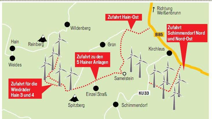 Wie der Windpark Schimmendorf-Kirchleus (rechts) ist vorher schon der benachbarte Windpark Hain im Landkreis Kronach genehmigt worden. Insgesamt geht es um zwölf 200-Meter-Windräder in einer ländlichen Umgebung.