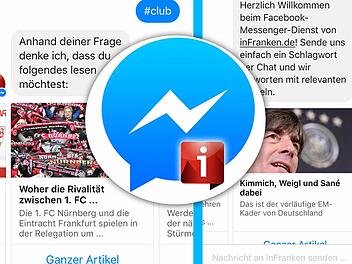 Gibt man im Chatfenster des inFranken.de-Facebook-Messenger-Bots das Suchwort #Club ein, kommen einige Artikelvorschläge als Antwort. Collage: Reinmann