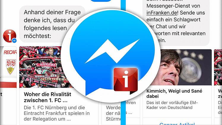 Gibt man im Chatfenster des inFranken.de-Facebook-Messenger-Bots das Suchwort #Club ein, kommen einige Artikelvorschläge als Antwort. Collage: Reinmann