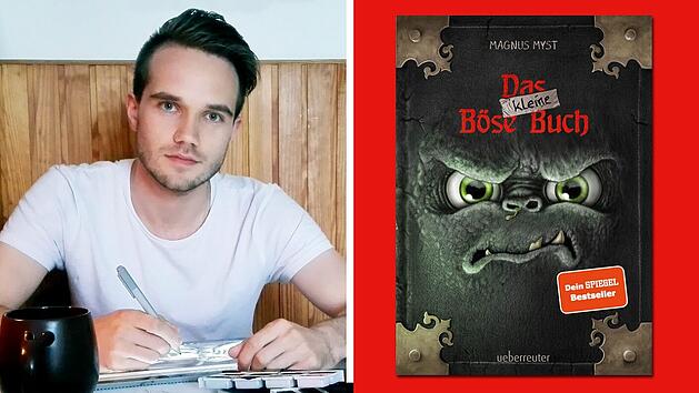 Ein Mann sitzt an einem Tisch mit Stift und Notizbuch vor einer Holzverkleidung. Rechts ist das Buch "Das kleine B&ouml;se Buch" von Magnus Myst abgebildet.