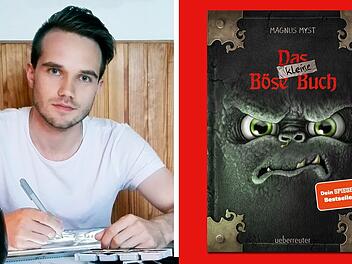 Ein Mann sitzt an einem Tisch mit Stift und Notizbuch vor einer Holzverkleidung. Rechts ist das Buch "Das kleine B&ouml;se Buch" von Magnus Myst abgebildet.