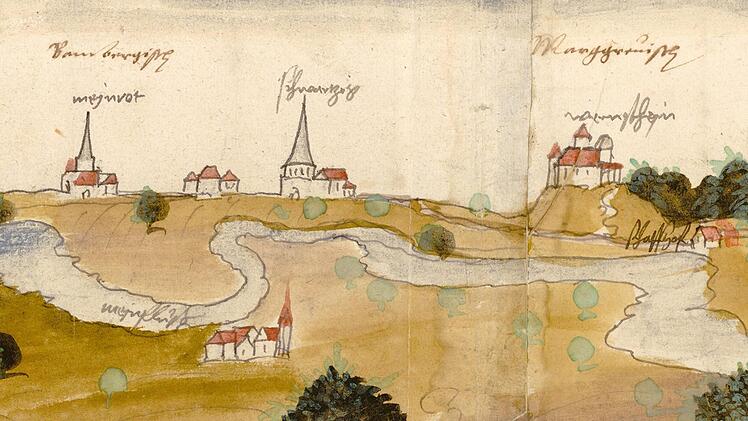 Geleitstraßenkarte von Coburg nach Kulmbach und Bamberg, 1562                                                                - Ausschnitt von Wernstein über Schwarzach bis Mainroth.Staatsarchiv Coburg