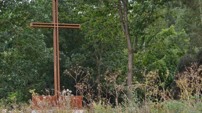 Die Gedenkstätte mit dem Wallfahrerkreuz heute: Hinter Disteln und Gestrüpp fristet das christliche Zeichen sein Dasein. Von einer Grünanlage ist dies weit entfernt. Foto: Hanns Friedrich