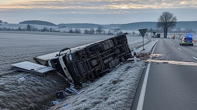 Lkw mit Blutwasser bei Ausweichman&ouml;ver im Kreis Miltenberg umgekippt