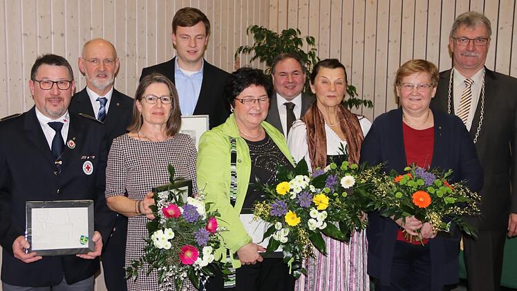 Mit der Ehrennadel oder für Leistungen im Handwerk wurden folgende Personen ausgezeichnet (vorne von links): Dieter Kirstner, Ulrike Groh, Helga Jahn, Barbara Morgenroth, Anita Schorn; hinten von links: Siegfried Kirchner, Lukas Warmuth mit Dieter Reisenweber.