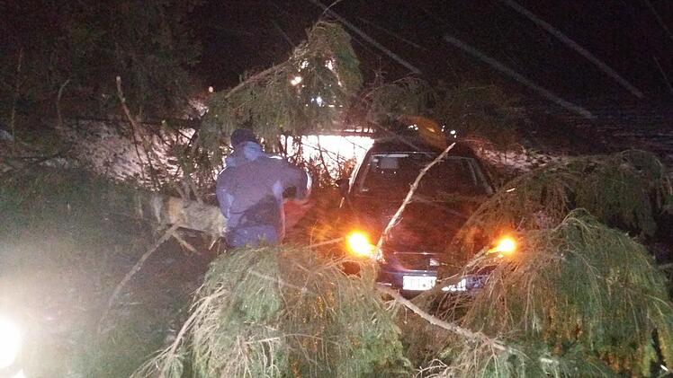 Bei Kleinhül musste ein Fahrzeug von umgestürzten Bäumen befreit werden. Foto: Feuerwehr Thurnau