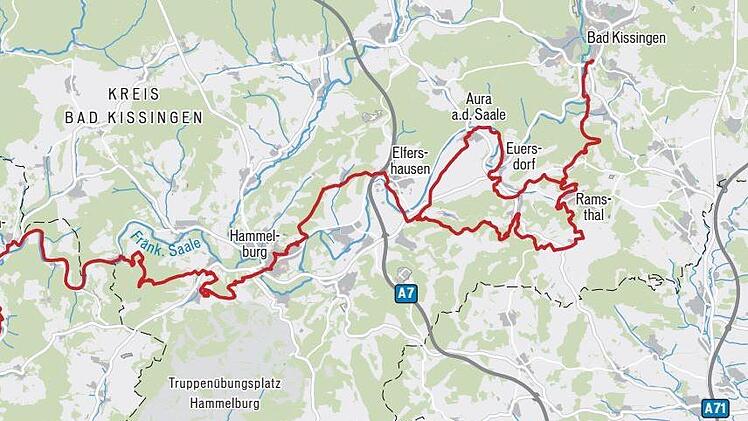 Diese Grafik zeigt den Verlauf des neuen Wein- und Genuss-Wanderwegs durch das Saaletal und  führt von Bad Kissingen bis nach Gemünden/Main und verbindet damit auch die Wanderwege "Spessartweg 1" und den "Hochrhöner".