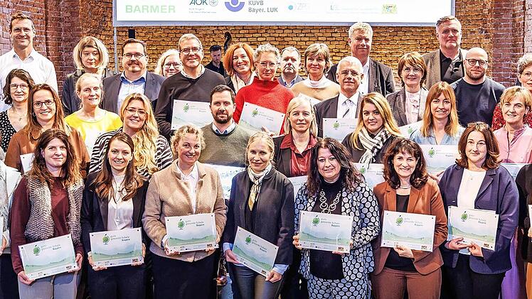 F&uuml;nfmal in Folge &bdquo;Gute gesunde Schule&ldquo;: Daf&uuml;r durften diese Schulleiter Plaketten entgegennehmen.
