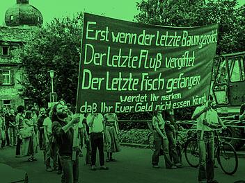 Eine Protestaktion der Grün-Alternativen Liste in den frühen 1980ern - vorne dran der erste OB-Kandidat Rudi Sopper (FT-Archiv)