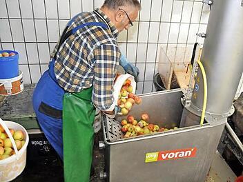 Kelterwart Georg Petterich schüttet das Obst für die nächste Charge in den Waschbehälter. Über eine Transportschnecke wird es nach dem Waschen in die rechts oben angebaute Rätzmühle befördert und dort zerkleinert. Foto: Ingrid Kohles