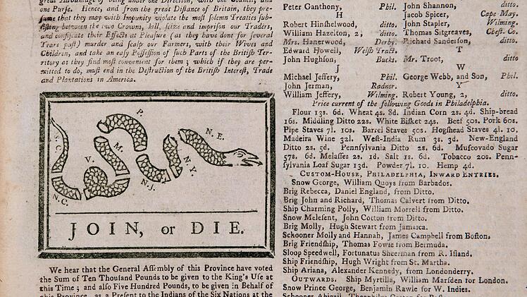 "Join or Die" - so lautete Benjamin Franklins Warnung an die britischen Kolonien in Amerika, die sich vom Mutterland England befreien sollten.