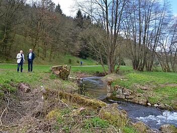 Dieses Wehr liegt auf Frauenrother Gemarkung und soll ebenfalls rekonstruiert werden. Auf dem Bild ist gut erkennbar, wie nah der Radweg an der Aschach vorbeiführt. Hier erklärt Bürgermeister Waldemar Bug (links, Markt Burkardroth) seinem Kollegen Andreas Sandwall (Markt Bad Bocklet) dass auch Wasser um das Wehr herumgeführt wird.  Foto: Kathrin Kupka Hahn