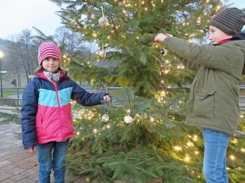 Theresa (7) und Finn (9) Ruppenstein haben mitgebastelt und schmücken mit ihren Kugeln den Baum am Kirchenvorplatz. Foto: Monika Schütz