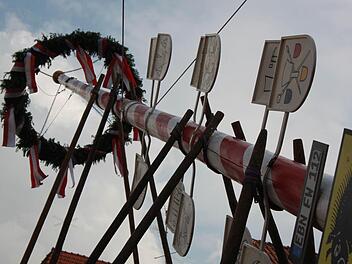 Der Maibaum der Stadt Ebern besteht, anders als die Birkenbäumchen in all den umliegenden Orten , aus einem rot-weiß bemalten Stamm, der mit Zunftzeichen versehen wurde. Nach alter Tradition wird er mit Muskelkraft und unter Zuhilfenahme langer Stangen aufgestellt.  Foto: Katharina Becht