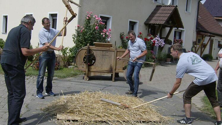 Mit Dreschflegeln bearbeiten die Männer aus Haidhof das am Boden liegende Getreide. Fotos: Malbrich