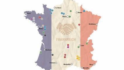 Auf dieser Karte sind französische Städte markiert (Legende im Text), die Partnerschaften zu Städten und Gemeinden in Franken pflegen.