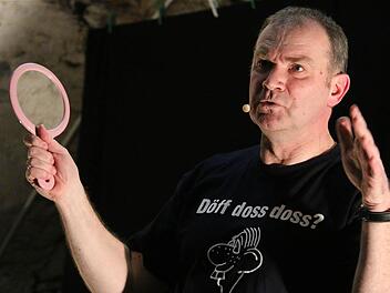 Fränkisch direkt und - zumindest für Franken - klar verständlich hält Kabarettist Fredi Breunig beim Aschermittwoch der SPD im Bocksbeutelkeller den Zuschauern den Spiegel vor. Foto: Gerd Schaar