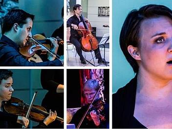 Das Festival-Streichquartett mit Martin Emmerich und Daniela Steinmetz (Violinen), Andreas Hilf (Viola) und Heiner Reich (Cello) interpretierten gemeinsam mit der Sängerin Kora Pavelic das 2. Streichquartett von Arnold Schönberg.Fotos: Jochen Berger