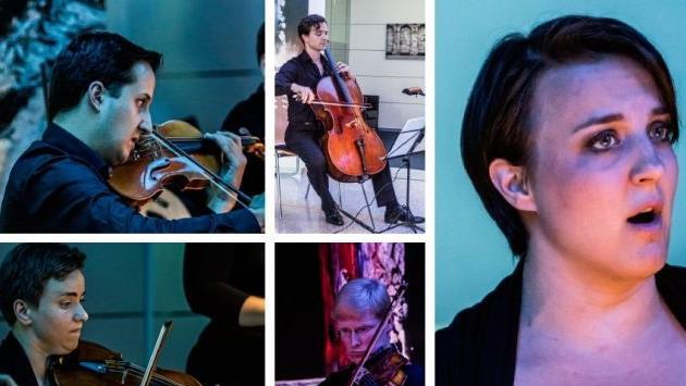 Das Festival-Streichquartett mit Martin Emmerich und Daniela Steinmetz (Violinen), Andreas Hilf (Viola) und Heiner Reich (Cello) interpretierten gemeinsam mit der Sängerin Kora Pavelic das 2. Streichquartett von Arnold Schönberg.Fotos: Jochen Berger