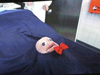 Gerichtsmediziner Axel Zuck (Michl Müller, man sieht nur die behandschuhten Hände) hat wohl etwas zu viel gekifft.  Foto: Josef Hofbauer