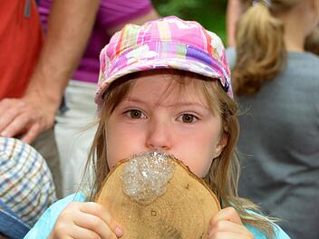Wie man durch eine Baumscheibe blubbert, erfuhr Kim Hesse bei diesem Versuch. Fotos: Peter Rauch