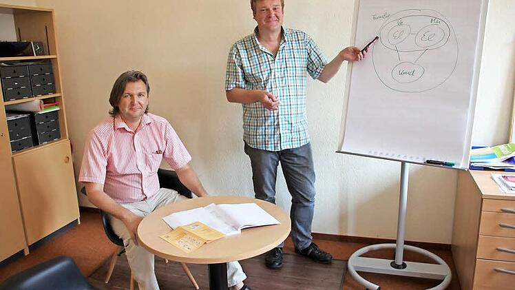 Christian Krauß (links) und Norbert Neukum unterstützen Schüler mit Zeugnisproblemen in der gemeinsamen Beratungsstelle für Kinder, Jugendliche und Familien von Caritas und Diakonie in der Kronacher Klosterstraße. Foto: Andreas Schmitt