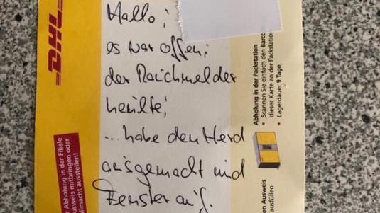 Der Paketbote hinterlie&szlig; der Kita eine Nachricht &uuml;ber sein Vorgehen. Foto: Facebook-Seite der Feuerwehr Kronshagen