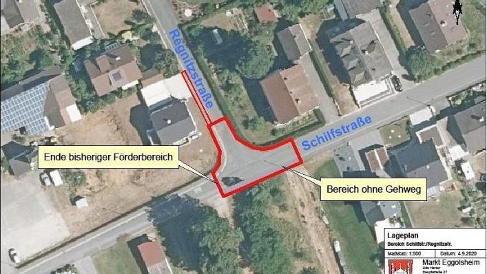 Nur ein kurzes Stück fehlt und dann wäre der Gehsteig an der Einmündung Regnitz-/Schilfstraße komplett. Die Gemeinde übernimmt die Kosten, die die Dorferneuerung nicht tragen will. Foto: Gemeinde Eggolsheim