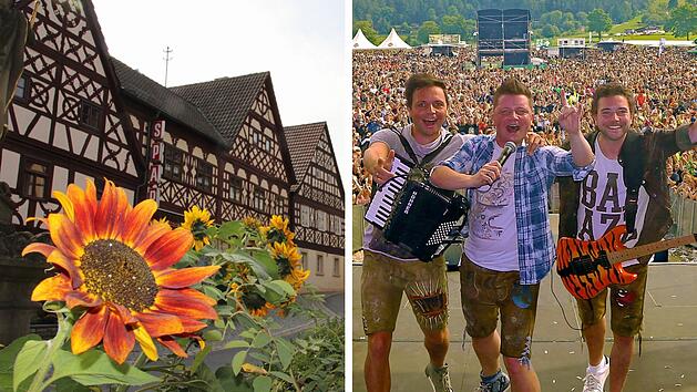 Links: Fachwerkh&auml;user und Sonnenblumen in M&uuml;rsbach. Rechts: Drei Musiker vor einer gro&szlig;en Menschenmenge bei einem Konzert.