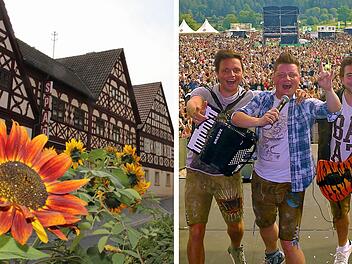 Links: Fachwerkhäuser und Sonnenblumen in Mürsbach. Rechts: Drei Musiker vor einer großen Menschenmenge bei einem Konzert.