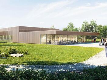 So präsentiert sich das neue Hallenbad aus Sicht der Planer von der Arztpraxis her. Animation: Kplan