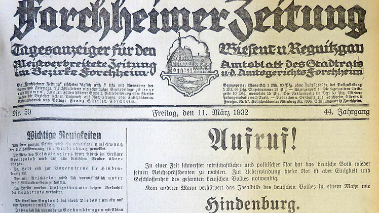 Titelseite der Forchheimer Zeitung vom 11. April 1932 mit dem Aufruf zur Wahl Hindenburgs