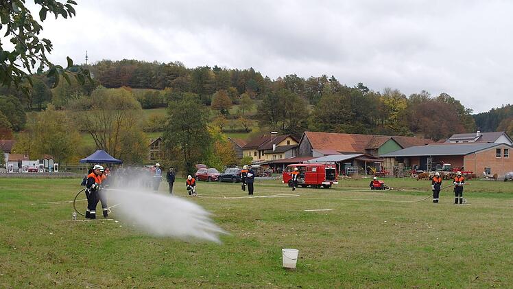 Von der Wasserentnahmestelle "Kleine Sinn" bauten die Teilnehmer der Leistungsprüfung eine Saugleitung auf. Vom Verteiler aus sicherten der Angreiftrupp, der Schlauchtrupp und der Wassertrupp den Löschangriff auf ein hypothetisch angenommenes Feuer. Stephanie Elm