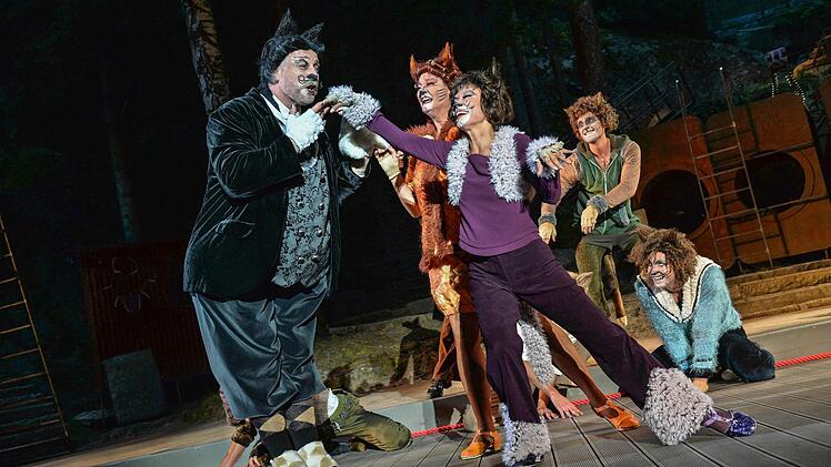 Hardy Rudolz als Bustopher, Gudrun Schade als Gumbie Katze, Mary C. Bernet und Ensemble Foto: Florian Miedl