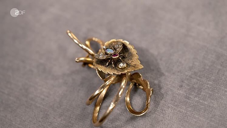 Die geerbte Brosche zeigte eine Fliege, die auf einem Blatt sitzt.