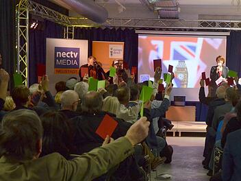 Die Besucher stimmen zu wichtigen Europa-Fragen mit farbigen Kärtchen ab.Foto: Rainer Lutz