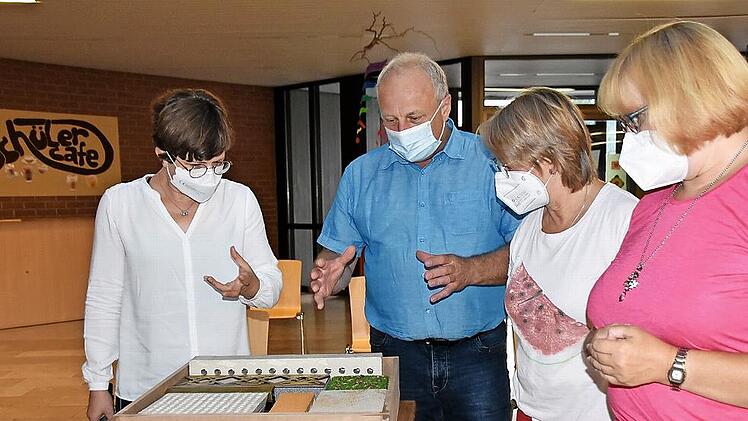 Architektin Kristina Bornschl&ouml;gl (links) erkl&auml;rte den Gemeinder&auml;ten (weiter nach rechts) J&uuml;rgen Karg (SPD), Brigitte Lauterbach (ABL) und Hannelore Lindner (FW) die unterschiedlichen Materialien der Turnsaalsanierung.