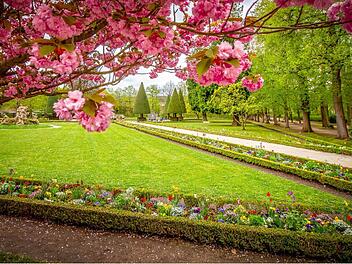 Kunstvolle Skulpturen, symmetrische Blumenbeete und schattige Laubeng&auml;nge laden zum Flanieren im Hofgarten der W&uuml;rzburger Residenz ein.