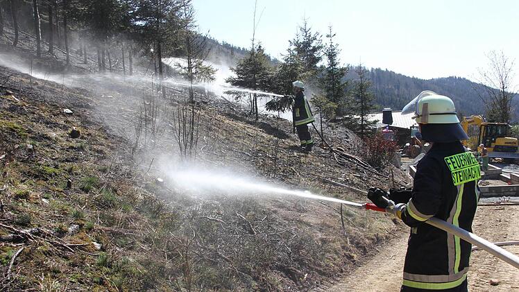 Der starke Wind wirbelte das Löschwasser immer wieder hoch.   Foto: Friedwald Schedel