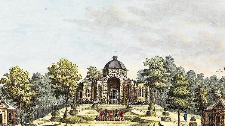 Ansicht vom Buchenwald Sanspareil mit dem Morgenländischen Bau,, ebenfalls 1792 gezeichnet von Johann Köppel  Repros: Reinhard Löwisch