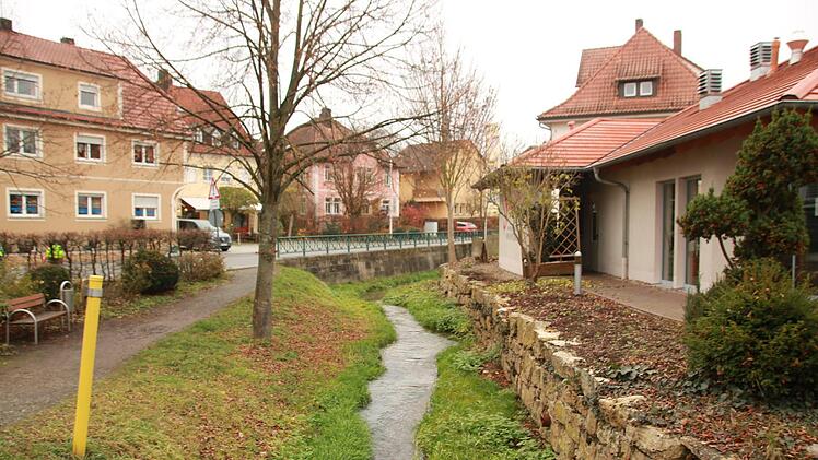Der kleine Platz an der Lauter neben Schäfers Café wird optisch aufgewertet. Hier sollen unter anderem drei großkronige Platanen gepflanzt werden. Ins Pflaster  werden   die Wasserfontänen   des Zufallsbrunnen integriert - so ähnlich wie am Coburger Albertplatz. Foto: Matthias Einwag