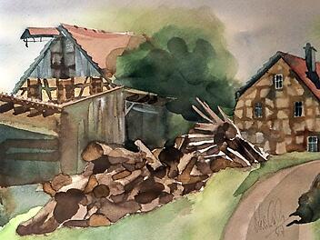 "Schuppen in Oberehrenbach", Aquarell von Volker Hahn  Foto: B. Herbst