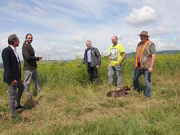 Umweltminister Thorsten Glauber (links) lobte das Zusammenwirken zwischen Jägern, Landwirten und Naturschützern. Mit im Bild: Der Initiator des Projekts, Andre Maslo, Matthias Renner, Andreas Bauer und Karl Bauer (v. l.)  Fotos: Veronika Schadeck