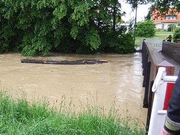 Beim Hochwasser am 31. Mai rammte dieser Baum mit voller Breitseite den Steg über den Gründleinsbach. Die Feuerwehr musste ihn erst wieder frei machen. Foto: Stadt Hallstadt