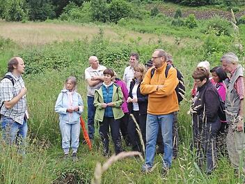Ingo Queck (links) und Matthias Elm (5. von links) zeigten den Wanderern die geographisch-biologische-historische Vielfalt rund um den Pilsterfelsen auf. Foto: Stephanie Elm