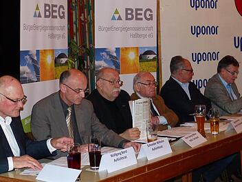 Sie gaben für die Bürgerenergiegenossenschaft (BEG) Auskunft (von links): Hofheims Bürgermeister Wolfgang Borst und Landrat Wilhelm Schneider vertraten den Aufsichtsrat, der Kreishandwerksmeister Hans-Georg Häfner, Siegmund Kerker und Rudi Eck bilden den Vorstand, und Oskar Böhm zeichnet als Geschäftsführer verantwortlich.  Foto: Manfred Wagner